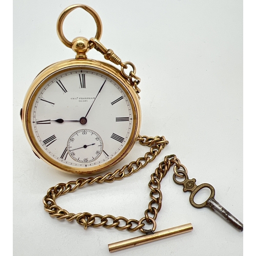 1210 - A Victorian 18ct gold open face pocket watch with enamel dial, black Roman numerals and subsidiary s...