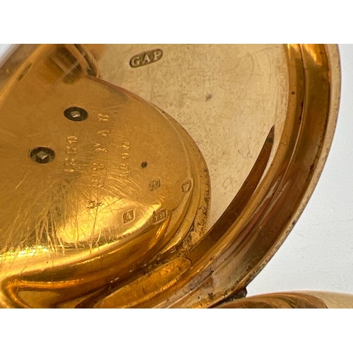 1210 - A Victorian 18ct gold open face pocket watch with enamel dial, black Roman numerals and subsidiary s... 
