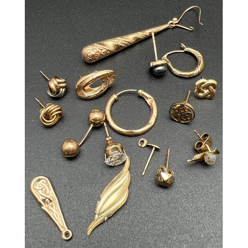 195 - A small quantity of scrap gold earrings, some stone set. In varying styles. Total weight approx. 6g.