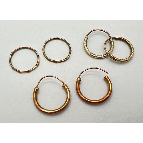 63 - 3 pairs of small gold hoop earrings. All test as 9ct gold. One pair with diamond cut pattern to one ... 