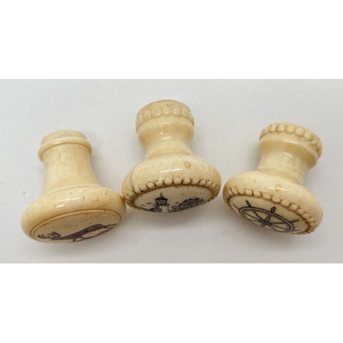 1333 - 3 carved bone scrimshaw style knob handles/cane tops with threaded screw hole to reverse. Engraved w... 