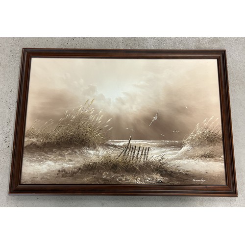 1349 - A large framed oil on canvas of costal sand dunes in sepia tones. Signed to bottom right. Frame size... 