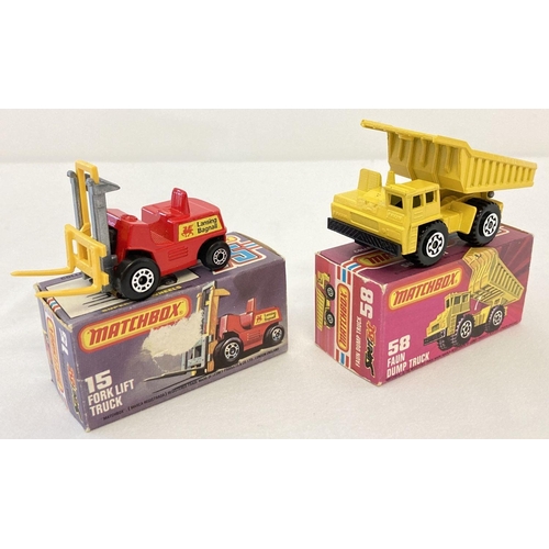 1286 - 2 boxed 1970's Matchbox Superfast diecast trucks, #15 Fork Lift Truck with #58 Faun Dump Truck. Yell... 