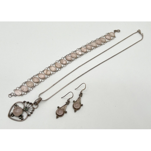 1009 - A collection of silver and white metal rose quartz set jewellery - bracelet, necklace and drop earri... 
