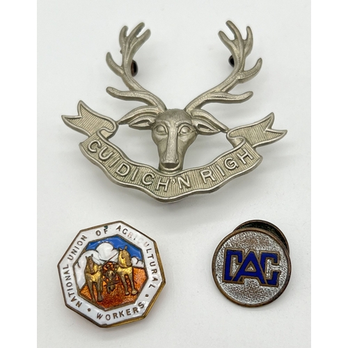 1294 - A vintage Cuidich'N Righ (help the king) cap badge of a stags head together with a vintage enameled ... 