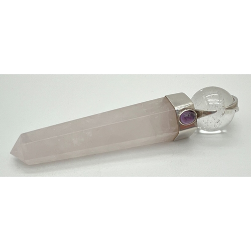 1299 - A small rose quartz, clear quartz and amethyst healing wand. White metal mount and collar, mount hol... 