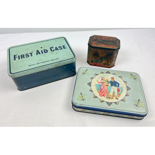 1301 - 3 vintage tins. To include a Boots First Aid tin with contents - bandages, scissors, cotton wool etc... 