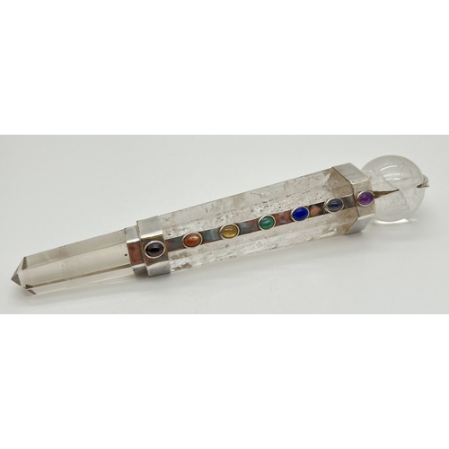 1306 - A clear quartz polished healing Chakra wand with clear quartz sphere to top and various semi preciou... 