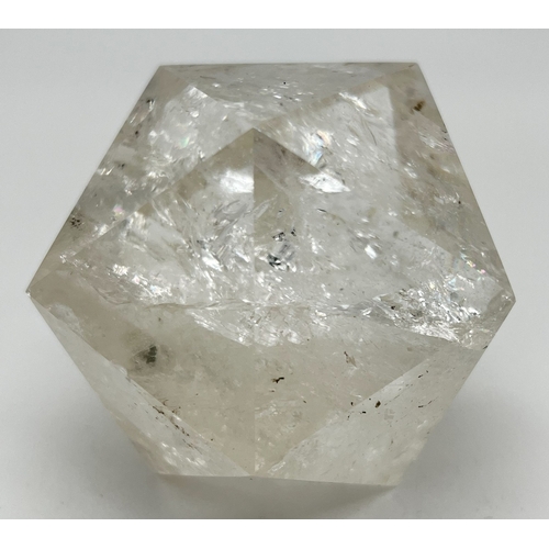 1310 - A cut and polished clear quartz icosahedron with natural galaxies and rainbow reflections. Approx. 7... 