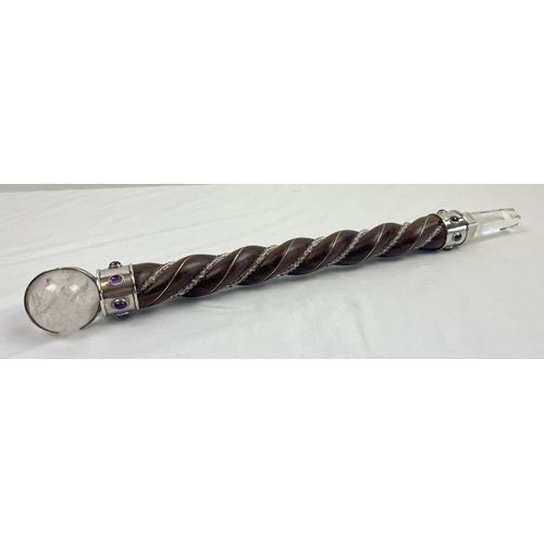 1313 - A large spiral carved wood and clear quartz healing wand with clear quartz sphere and point. Sphere ... 