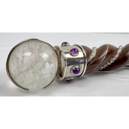 1313 - A large spiral carved wood and clear quartz healing wand with clear quartz sphere and point. Sphere ... 