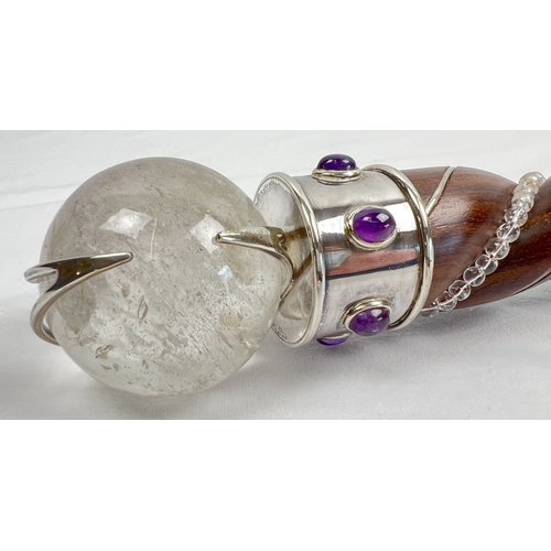 1313 - A large spiral carved wood and clear quartz healing wand with clear quartz sphere and point. Sphere ... 