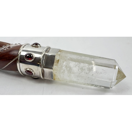 1313 - A large spiral carved wood and clear quartz healing wand with clear quartz sphere and point. Sphere ... 