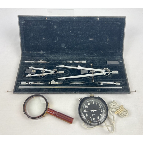 1287 - A boxed drawing instrument set together with a vintage Smiths rally stopwatch and a lucite handled m... 