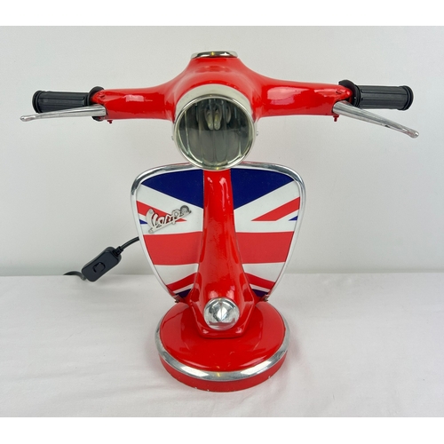 1324 - A novelty table lamp in the shape of the handlebars of a Vespa scooter, painted red with Union Jack ... 