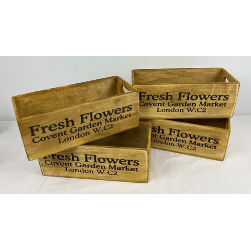 1328 - 4 Small wooden Covent Garden Flower Market 2 handled crates, with printed lettering. Each approx. 10... 