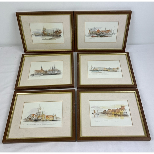 1348 - A set of 6 framed & glazed reproduction prints of Victorian continental harbour scene paintings. Fra... 