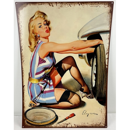 228 - A large modern printed tin sign featuring the vintage Elvgren pin-up girl poster 