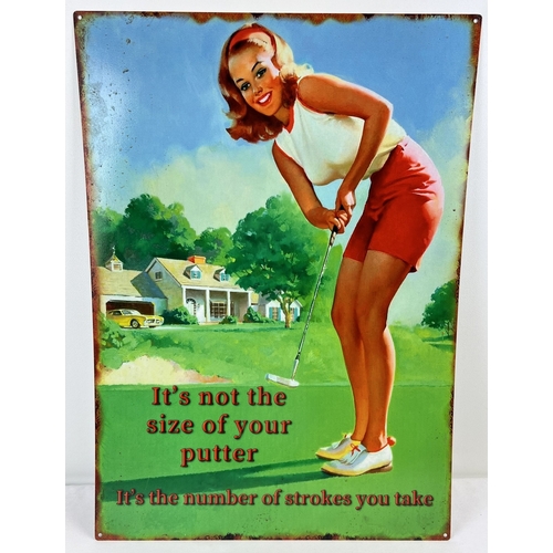 229 - A large modern printed humorous tin sign with vintage golf themed design. With holes for wall fixing... 