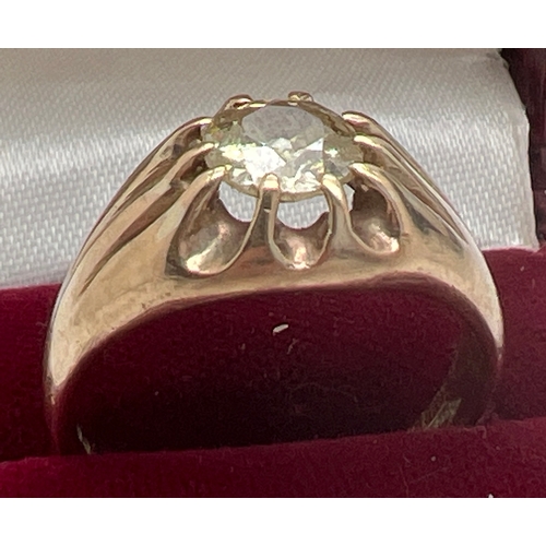 1158 - A 9ct gold gypsy ring set with a single 1.4ct (approx) round cut lemon yellow diamond. Full hallmark... 