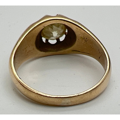 1158 - A 9ct gold gypsy ring set with a single 1.4ct (approx) round cut lemon yellow diamond. Full hallmark... 