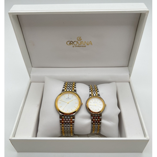 1182 - A boxed Grovana of Switzerland His & Hers watch set with stainless steel & gold tone bracelet straps... 