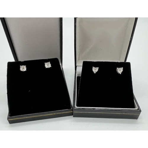 1015 - 2 pairs of silver and diamond illusion set stud earrings. Circular studs together with heart shaped ... 
