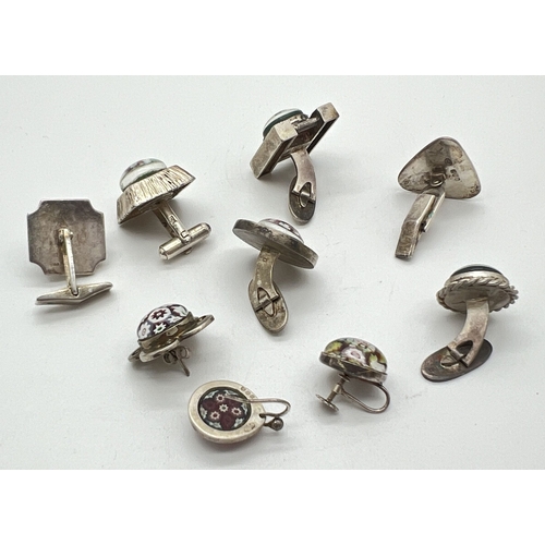 1024 - A small collection of vintage single silver Millefiori set cuff links and earrings. Silver marks to ... 