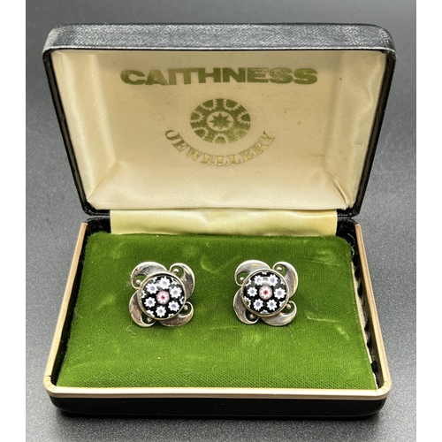 1049 - A boxed pair of vintage Caithness Glass Millefiori design silver earrings. central glass of dark blu... 