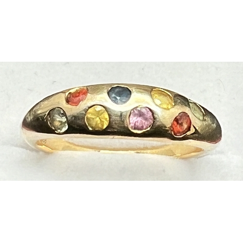 1086 - A large gold on silver multi gem set dress ring, stamped 925 inside band, ring size V½. Band set wit... 