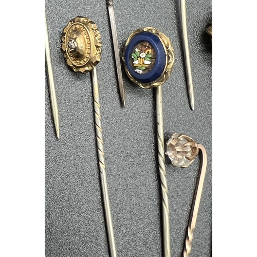 1094 - A collection of 16 assorted antique stick pin brooches to include diamond set, micro mosaic, mournin... 