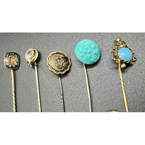 1094 - A collection of 16 assorted antique stick pin brooches to include diamond set, micro mosaic, mournin... 