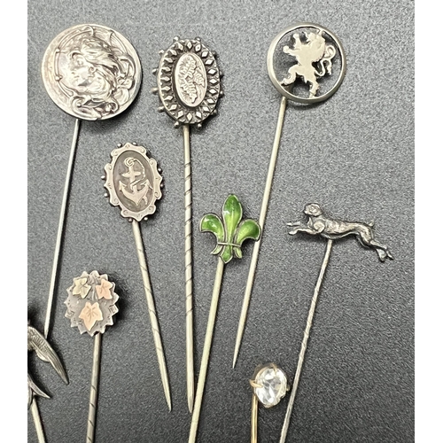 1095 - A collection of 15 assorted antique stick pin brooches, mostly silver, to include gold overlay, anim... 