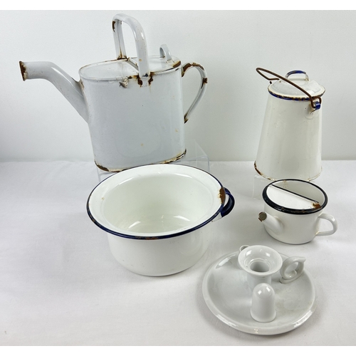 1196 - 4 vintage enamel ware items together with a ceramic candle stick and snuffer.