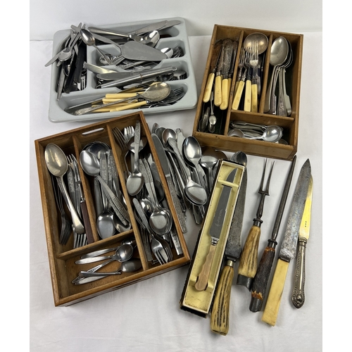 1199 - A box of assorted cutlery and wooden cutlery trays, to include sugar tongs, fish knives and forks an... 