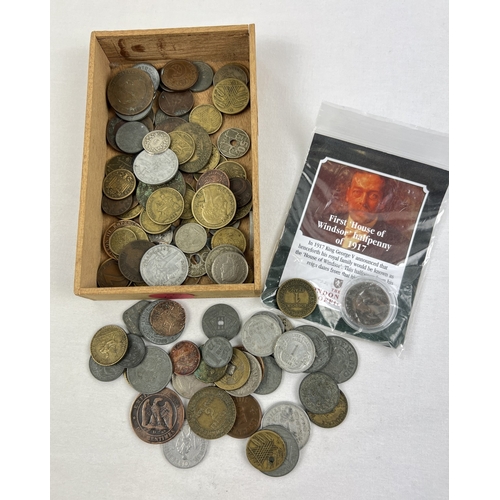 22 - A small box of vintage and antique British and foreign coins To include examples from France, Italy,... 