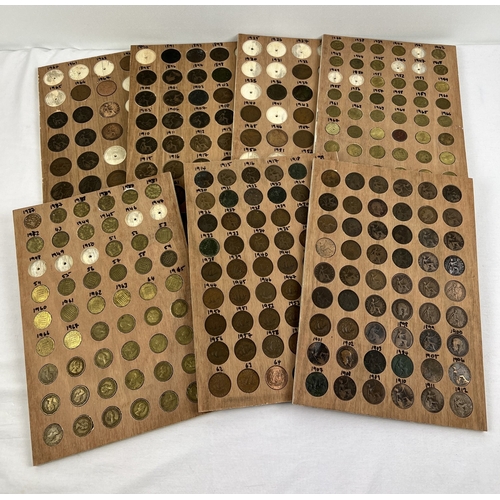 28 - 7 handmade wooden coin display boards containing a number of vintage British coins. Dating from Quee... 