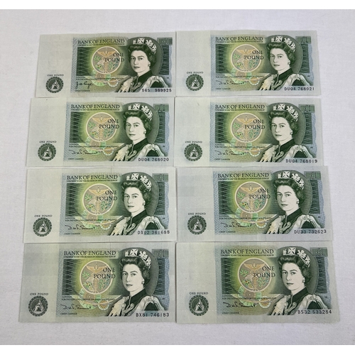 43 - 8 vintage 1970's/80's Elizabeth II One pound notes, in excellent condition. 1 x J B Page bank note t... 