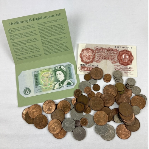 44 - A quantity of vintage Elizabeth II coins and bank notes to include pre decimal. Lot includes a comme... 