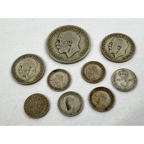 49 - 9 George V silver and half silver coins. Comprising: 1920 half crown, 1921 & 1927 one shilling coin ... 