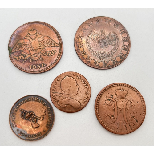 77 - 5 antique copper coins. To include Michigan National Saving Bank coin, 1856 Russian 5 Kopek coin and... 