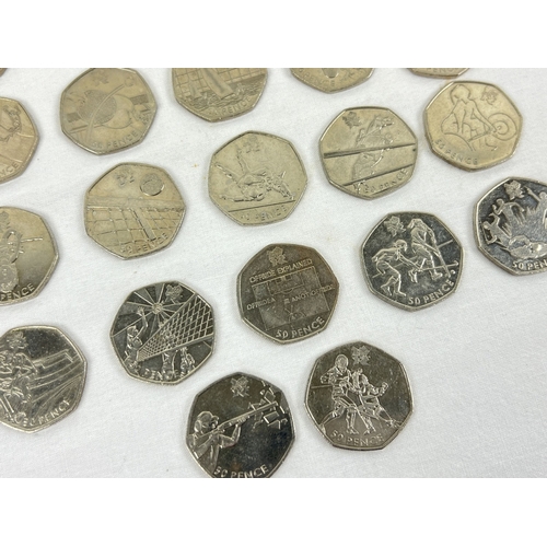 78 - A set of 27 (2 missing) London 2012 Olympic 50p coins in circulated condition. Missing coins are Han... 