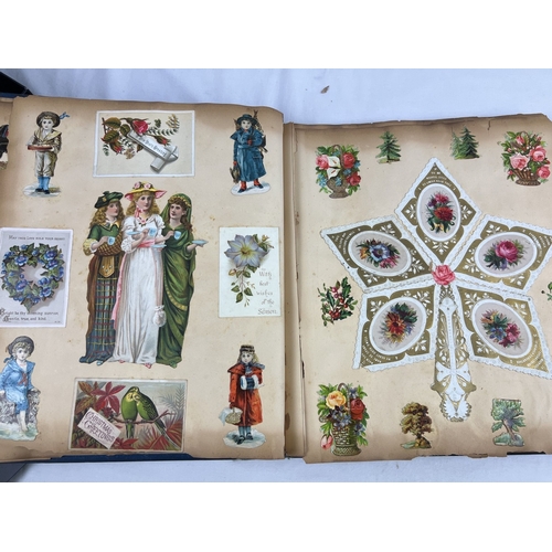 228 - A late Victorian scrap album with blue cloth cover and gilt detail, dated inside 1983. Containing as... 