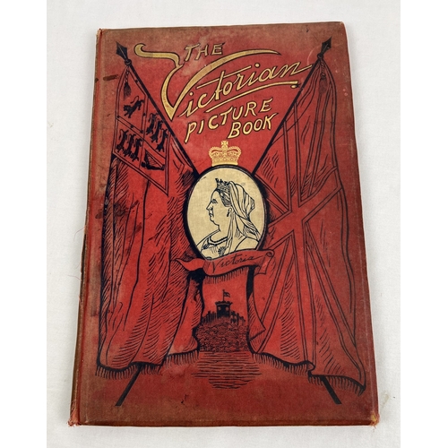 Th Victorian Picture Book by W H Stacpoole, illustrated by J R Sinclair and from Dean & Son Ltd. Large dark red cloth bound cover with gilt detail. Coloured & mounted frontispiece and 10 further full sized colour plates depicting life in 1837 when Victoria became Queen and current day (1897).
