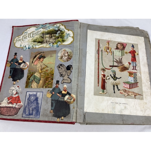 244 - An Edwardian scrap album of assorted prints, scraps, calendars and greetings cards. Some dated 1907.