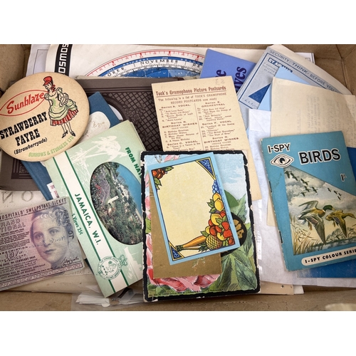 246 - A box of assorted vintage ephemera items to include booklets of The Empire buttons, Luce's Eau de co... 