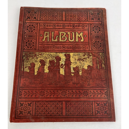 262 - A late Victorian red coloured scrap album with gilt detail containing 6 pages (both sides) of assort... 