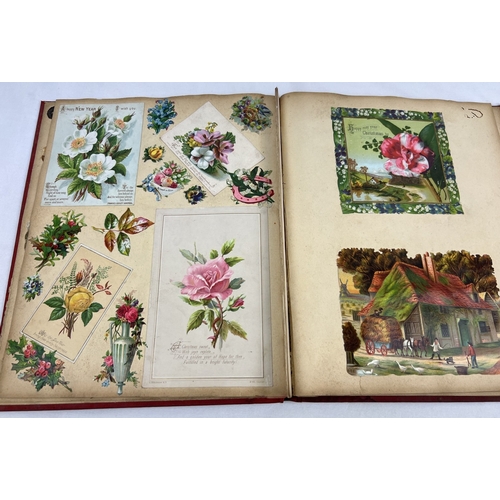 262 - A late Victorian red coloured scrap album with gilt detail containing 6 pages (both sides) of assort... 