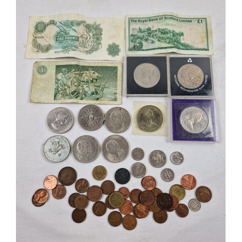 94 - A small collection of British & foreign coins and bank notes. To include £1 notes, commemorative cro... 