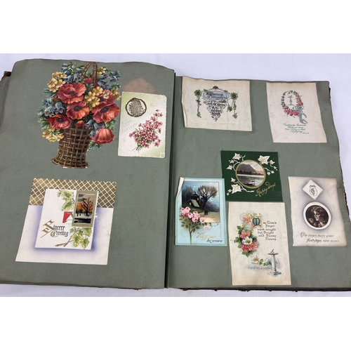 283 - A leather bounder Victorian scrap album (a/f) containing assorted greetings cards, coloured prints, ... 